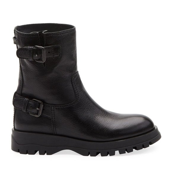 $1100 Prada LEATHER DOUBLE-BUCKLE MOTO COMBAT BIKER BOOTIES BLACK 37 (PA33) - Picture 1 of 9